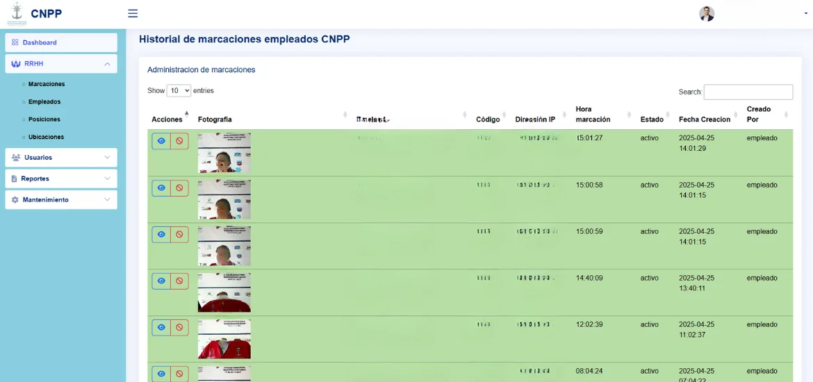Sistema de Marcación de Empleados – Comisión Nacional de Protección Portuaria – proyecto de STCENTRAL